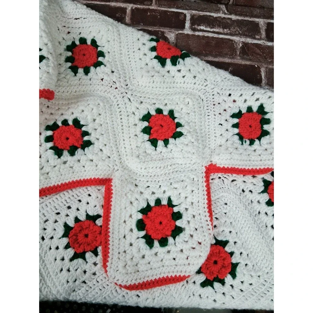 Vintage White Red Crochet Throw Blanket Lap Granny Square 62X62 Homemade Roses